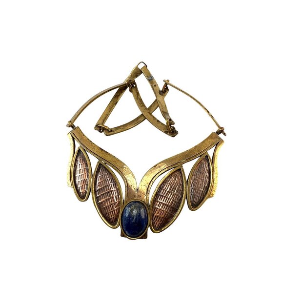 Vintage Brass Copper Statement Necklace Lapis Lazuli Centerpiece - Picture 7 of 7